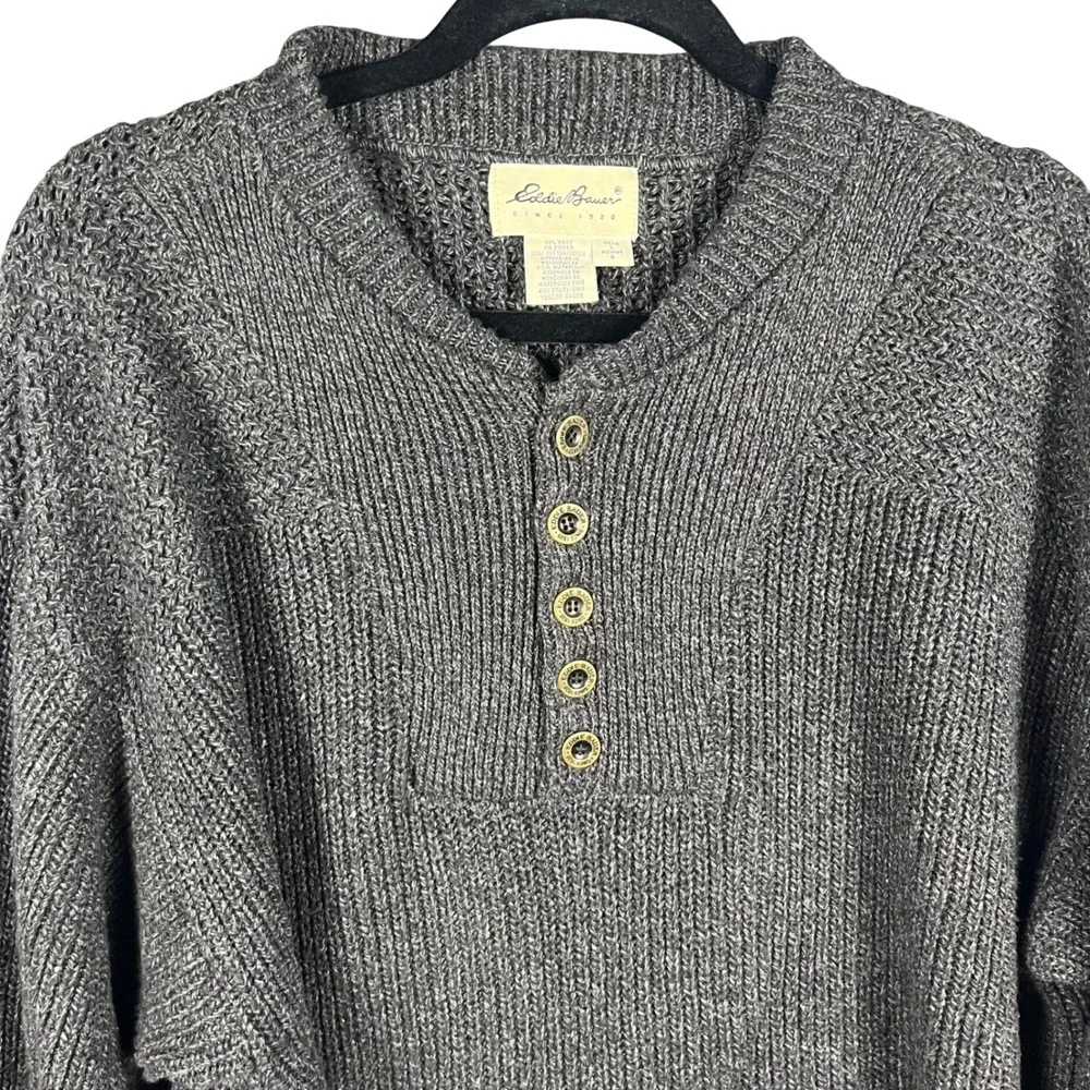 Eddie Bauer Henley Sweater Mens Large Gray Cotton Chunky Knit Ribbed Pullover